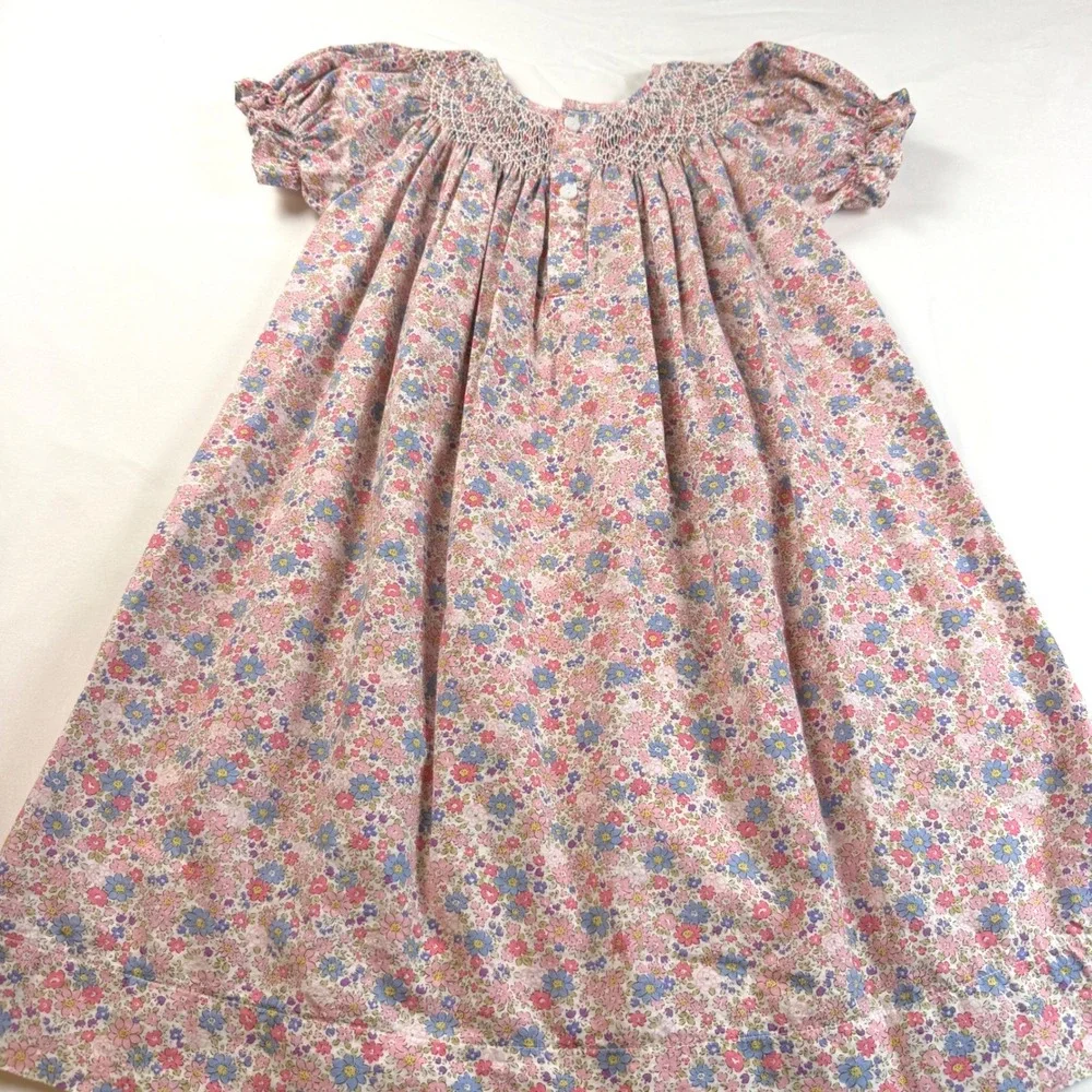 Sweet Dreams Smocked Dress‎ Girls 5 Pink Floral Puff Sleeve Cotton EUC